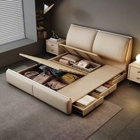 Lit de rangement king size moderne et luxueux avec revêtement en cuir véritable, design de lit moelleux pour petits appartements