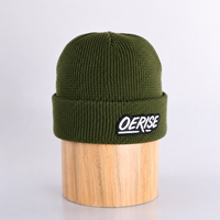 Bonnet en tricot gaufré vert armée personnalisé, bonnet d'hiver épais à revers pour l'extérieur, avec patch logo brodé, unisexe, OEM