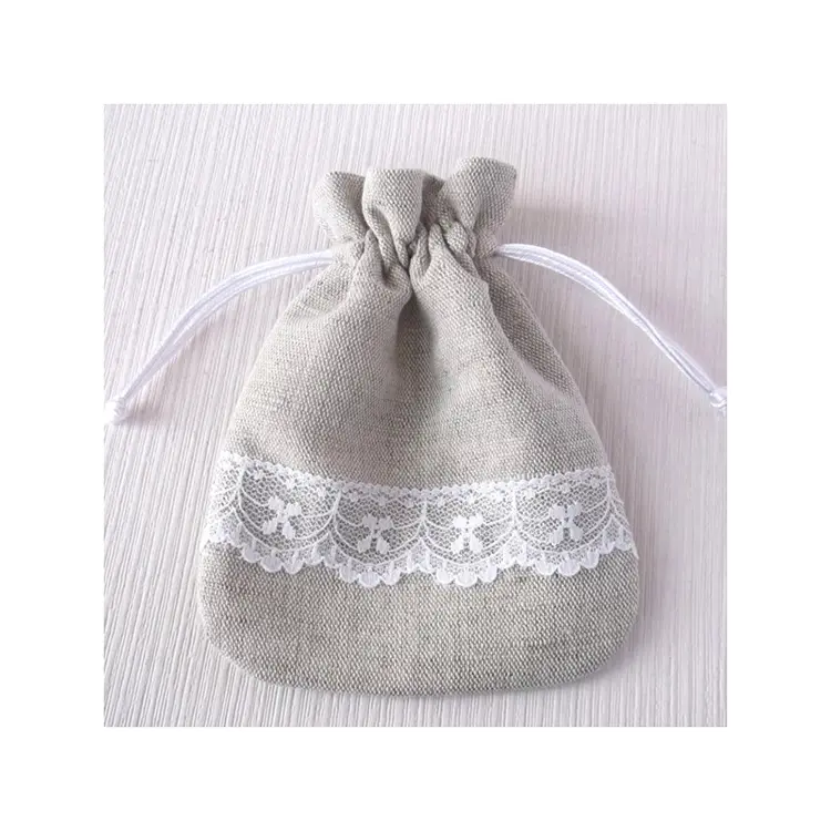 linen favor drawstring pouch with white lace