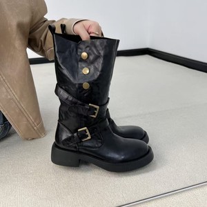 Versión de Cuero Vacuno ~ Botas de Mujer de Cuero Genuino, Novedades Otoño-Invierno 2025, con Hebilla de Cinturón, Punta Redonda, Altura Media de Pantorrilla, Estilo Montar a Caballo - Product Image 4