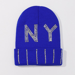 Hochwertige Strass <span class=keywords><strong>NY</strong></span> Kristall Chunky Weiche Stretch-Strickmütze Winter Warme Kappe Verdickte Skull Cap - Product Image 6
