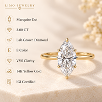 Bague de fiançailles solitaire en or jaune 14 carats avec diamant de laboratoire taille marquise 3 carats E VVS, certifié IGI, personnalisable OEM ODM, vente en gros