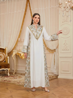 Robe longue de soirée musulmane modeste pour adultes, col cranté, broderie florale, patchwork, franges, garniture de perles, manches longues