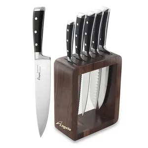 2024 nuevo diseño de tamaño personalizado, juego de cuchillos de acero inoxidable alemán Premium con soporte de bloque de madera, cuchillos de cocina, juego de cuchillos de Damasco