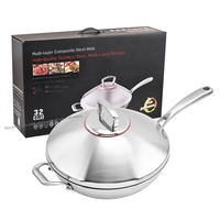 Wok à fond plat en acier inoxydable composite à cinq couches, poêle antiadhésive sans revêtement, compatible induction, design moderne et minimaliste
