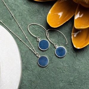 Blue Opal Jewelry Set Sterling Silver Circle Pendant Necklace Matching Dangle <b>Earrings</b> Gift For Women - Product Image 4