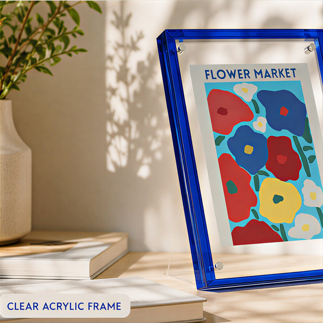 Blue Transparent Plastic Floating Picture Frame for Art Print Wall Tabletop Display Modern Home Office Interior Decoration
