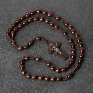 Rosario Vintage con Cruz, Cuentas de Madera Natural de 10mm, Colgante Religioso Hecho a Mano, Regalos de Jesús para Pascua, Joyería Cristiana al por Mayor - Product Image 2