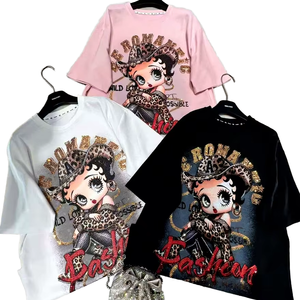 Camiseta Larga de Verano para Mujer, 100% Algodón, Transpirable, Corte Holgado, con Diamantes de Imitación y Diseño de Dibujos Animados, Estilo Casual y Moderno - Product Image 1