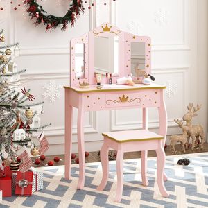 Table de maquillage rose <span class=keywords><strong>en</strong></span> <span class=keywords><strong>bois</strong></span> pour enfants avec miroir pour petites filles - Product Image 1