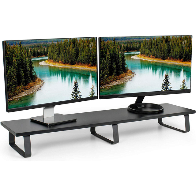 Double Dual Screen Monitor Holder with Wood Surface Stand and Metal Legs Rustic Brown CARB Certified Maiernuo T080