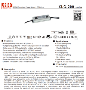 MEAN WELL XLG-200-12-A 192W 12V 16A 3 In 1 Dimmable Constant Power IP67 Waterproof LED Driver AC100‑305Vac - Product Image 2