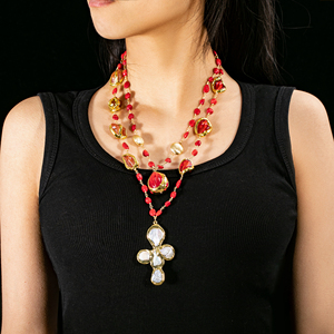 Collar Doble de Piedras Preciosas con Cuentas de Coral Rojo Natural Vintage y Perla Chapada en Oro para Mujer, Joyería para Fiesta de Bodas - Product Image 2