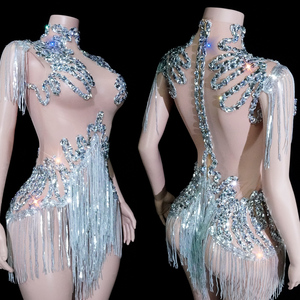 Body de malla plateado con flecos de diamantes de imitación estilo barroco para actuaciones de Drag Queen y espectáculos de ilusión - Product Image 2
