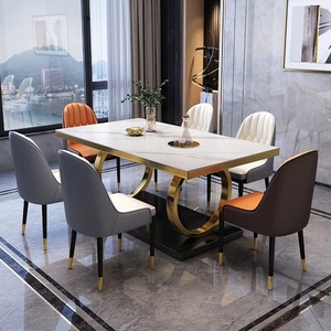 Tavoli da Pranzo Moderni di Design per Vendita all'Ingrosso, Piano Rettangolare <span class=keywords><strong>in</strong></span> Finto Marmo con Base Creativa ad Anelli Metallici Intrecciati. - Product Image 6