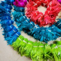 Plumes de queue de coq Schlappen blanchies et teintes, enfilées, multicolores, vente en gros directe usine pour costumes de carnaval, fêtes et décorations