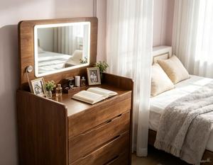 Walnut 4 Drawer Dressing Chest Flip Top LED Light <b>Mirror</b> Multifunctional Bedroom Makeup Storage Vanity Cabinet - Product Image 2