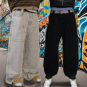 Jean en denim droit avec logo personnalisé, style streetwear, hip-hop, polyester/coton, délavé à l'acide, effet usé, respirant, cargo, double genouillère, coupe charpentier - Product Image 2