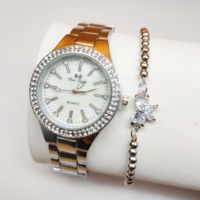 Montres-bracelets Habillées pour Femme, Montre Dorée à Diamants en Cristal, Ensemble Bracelet en Acier Inoxydable Argenté, Horloge WW058