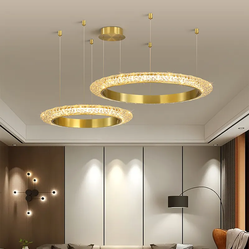 Amerikan tarzı Modern aydınlatma Villa Deco altın kaplama yuvarlak halka avize K9 kristal LED kolye ışık