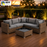 Ensemble de canapé d'extérieur modulaire en rotin tressé en forme de L avec table basse et 5 coussins pour patio