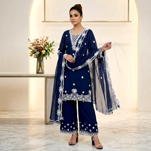 Conjunto de Salwar Kameez Azul Bordado con Dupatta de Encaje, Traje Indio-Pakistaní para Mujer - Product Image 1