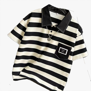 T-shirt en coton pour garçons, vêtements d'été pour enfants plus âgés, haut à manches courtes rayé avec col polo, tendance - Product Image 3