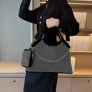 2024 Trendy Large Capacity Diamond Studded Shoulder Tote Bag Fashion Metal Chain Women Tote Bag With Purse