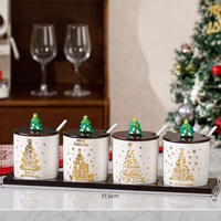 Ensemble de pots à épices en céramique avec couvercle noir et plateau en bambou pour herbes, sucre, poivre et condiments de Noël