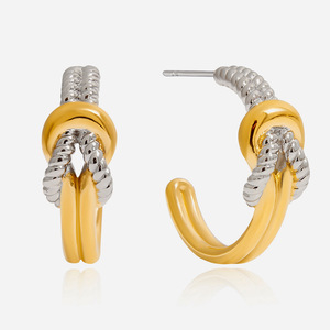 ต่างหูรูปตัว C สองชั้น สีทองและสีเงิน ดีไซน์แบบปม ทำจากสแตนเลส สวมใส่ได้ทุกวัน - Product Image 1