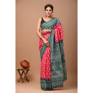 Sari de Algodón Mulmul Estampado con Blusa a Juego, Sari de Algodón Mulmul Ligero y Elegante - Cómodo para Uso Diario - Product Image 4