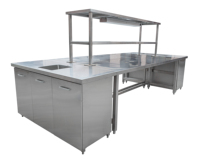 Équipement de restaurant, îlot de cuisine en acier inoxydable pour la restauration rapide, poste de travail de cuisine commerciale, tables de travail de cuisine avec étagère supérieure