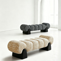 Banc de style médiéval à motif ondulé, banc de bout de lit, tabouret de rangement pour chaussures, banc long en tissu rayé avec base en bois massif, banc de loisirs