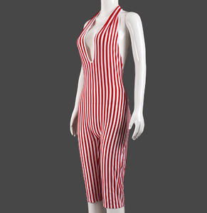 X22964C Casual rayas Patchwork Bodycon Romper mujeres rojo Halter profundo cuello en V espalda descubierta mono mujer Streetwear monos nuevo - Product Image 4