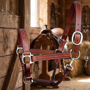 Cabestro de cuero genuino para caballo con estilo inglés, cuero cosido y acabado, herrajes de latón y níquel, y cabezada acolchada. - Product Image 2