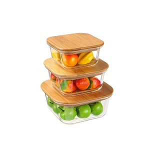 Contenedor de alimentos de vidrio cuadrado transparente con tapa de bambú, caja de almacenamiento hermético <span class=keywords><strong>para</strong></span> el <span class=keywords><strong>almuerzo</strong></span> - Product Image 1