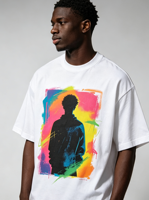 T-shirt blanc pour homme, 100% coton épais, imprimé DTG effet soleil délavé, style streetwear graffiti hip-hop, avec impression Kornit personnalisée