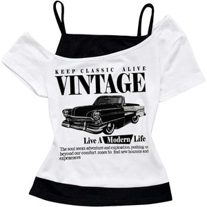 Women's Off Shoulder Vintage Car Graphic T-<b>Shirt</b> Short Sleeve <b>Y2K</b> Style Summer Top Breathable Cotton Blend - Product Image 1