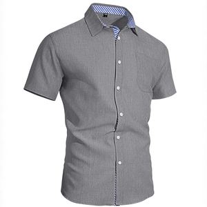 Camisa de Vestir de Manga Corta para Hombre, Corte Entallado, Mezcla de Algodón y Lino, con Botones y Bolsillo en el Pecho, para Uso Casual de Verano - Product Image 1