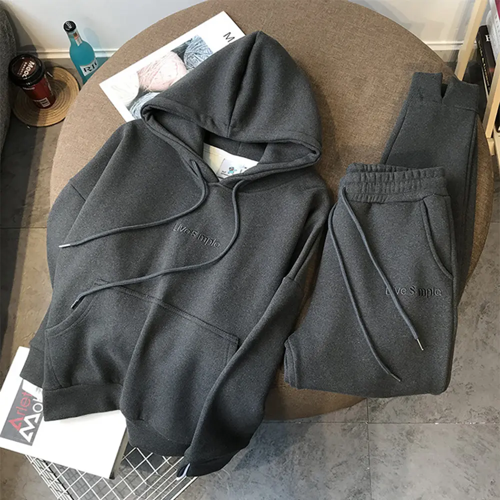 Moda uzun kollu polar Hoodie ve ter pantolon kadınlar için iki parçalı spor eşofman takımı