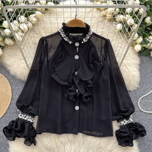 Stand Collar Shirt <span class=keywords><strong>Tul</strong></span> Design Light Luxury Temperament Blusa - Product Image 3