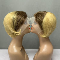 Perruque en cheveux humains coupe pixie pour femmes, perruque à dentelle transparente 13x4, perruque frontale courte et droite ombrée brune, 6 couleurs en stock