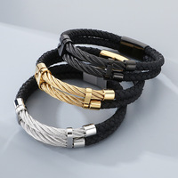 Bracelet de luxe à deux couches en cuir tressé et câble d'acier pour homme, avec fermeture magnétique, ornement de poignet