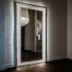 Full Comprimento Pavimento LED Diamond Dressing Mirror Free Standing Espelhos Decoração Espelho Da Parede Do Banheiro Com Luz Led