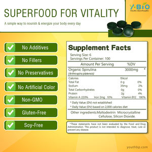 ओएम/ओडम स्वीकार किया गया युवा ब्रांड उच्च प्रोटीन 65% स्पिरुलिना टैबलेट से भरपूर बीटा-कैरोटीन आवश्यक खनिज प्रतिरक्षा सहायता स्वास्थ्य सेवा - Product Image 5