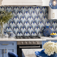 Mural Mosaik Kaca Daun Biru Kustom, Seni Dinding Dekoratif untuk Dapur, Hotel, Vila, Spa, Dinding Latar Belakang