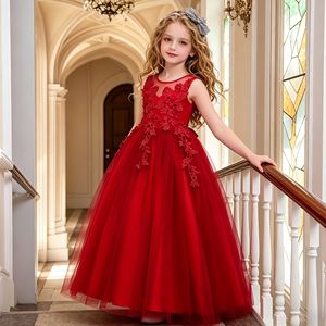 Vestido largo de princesa para niñas, vestido de tul rojo con escote corazón para niñas de 4 a 14 años - Product Image 1