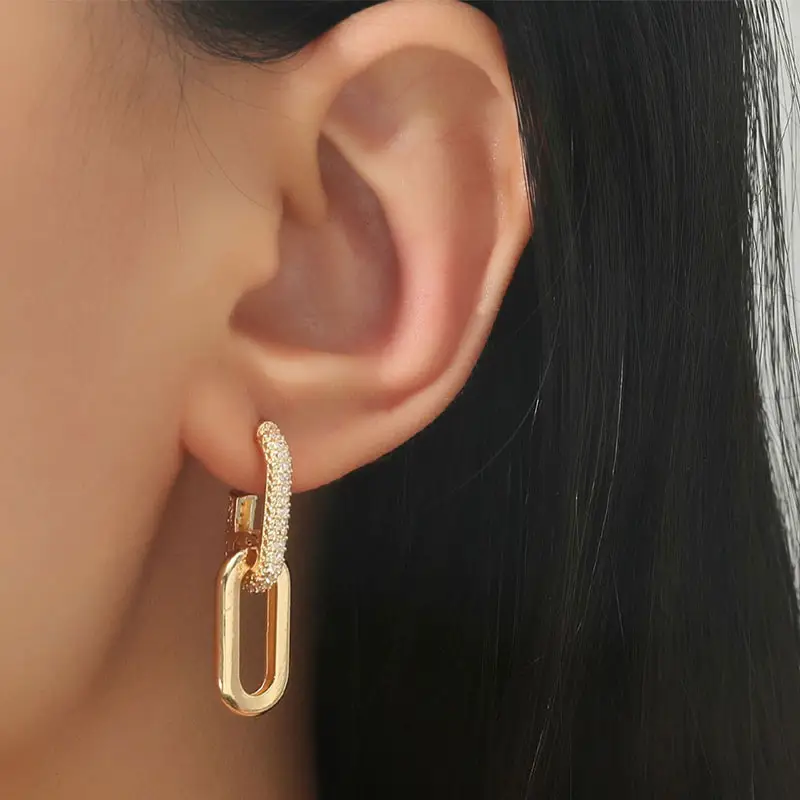 Earrings wholesale bulk Chain Link Pave Oval ohrringe edelstahl Stud Cubic Zirconia Diamond Earrings Double Link Hoop Earrings
