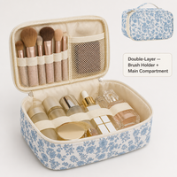 Bolsa de Cosméticos de Nailon con Estampado Floral y Logotipo Personalizado, Bolsa de Aseo de Viaje de Gran Capacidad con Doble Capa y Asa Superior, Estilo Unisex
