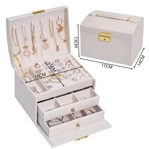 Hot Women Girls Pu Leather Velvet Modern Jewellery Organizer Case 3 Layer Big Jewelry Box With Lock
